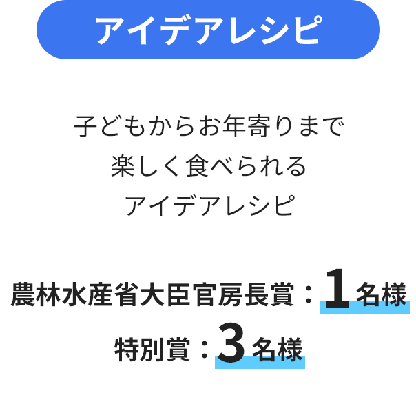 2025Smr-idea アイデアレシピ 子どもからお年寄りまで楽しく食べられるアイデアレシピ 農林水産省大臣官房長賞:1名様 特別賞:3名様